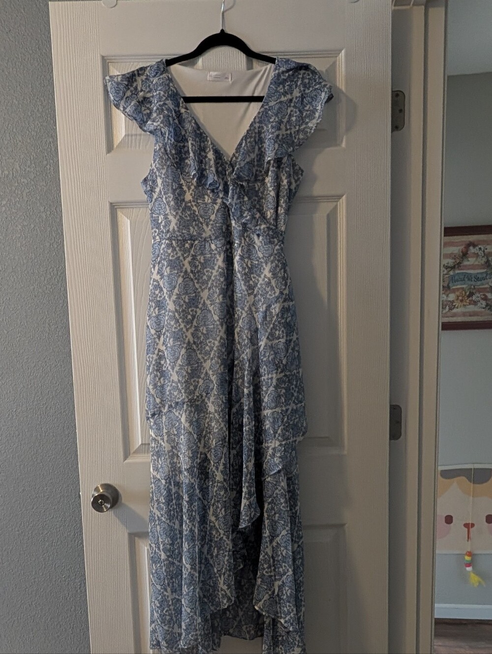 Lauren Conrad Blue Floral Ruffle Wrap High/Low Dress